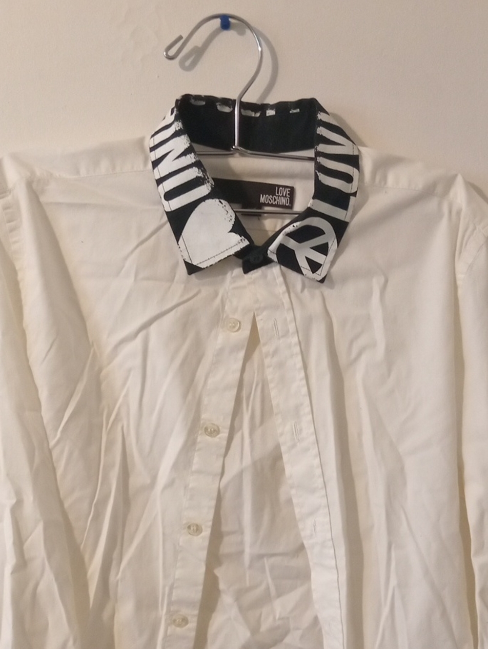Love Moschino White Shirt with Black Graphic Collar